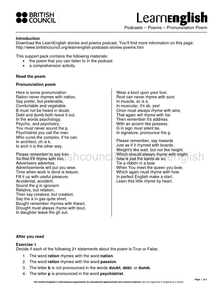 Pronunciation poem with tasks pdf rhyme linguistics