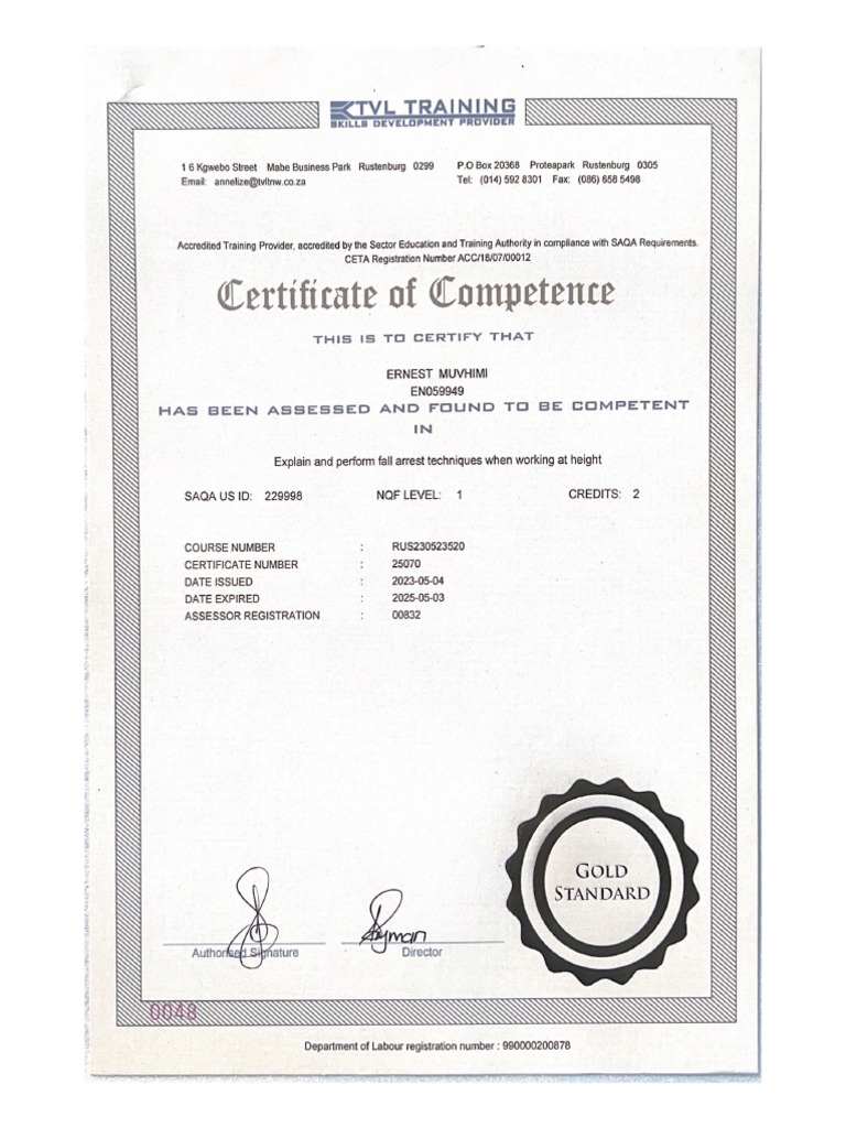 Certificate of Competence Ernest | PDF