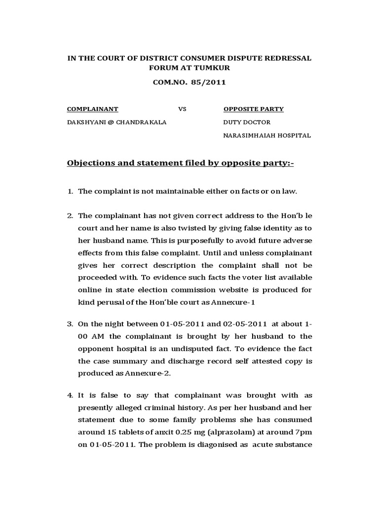 consumer-court-written-statement-and-arguments-defending-doctor-in