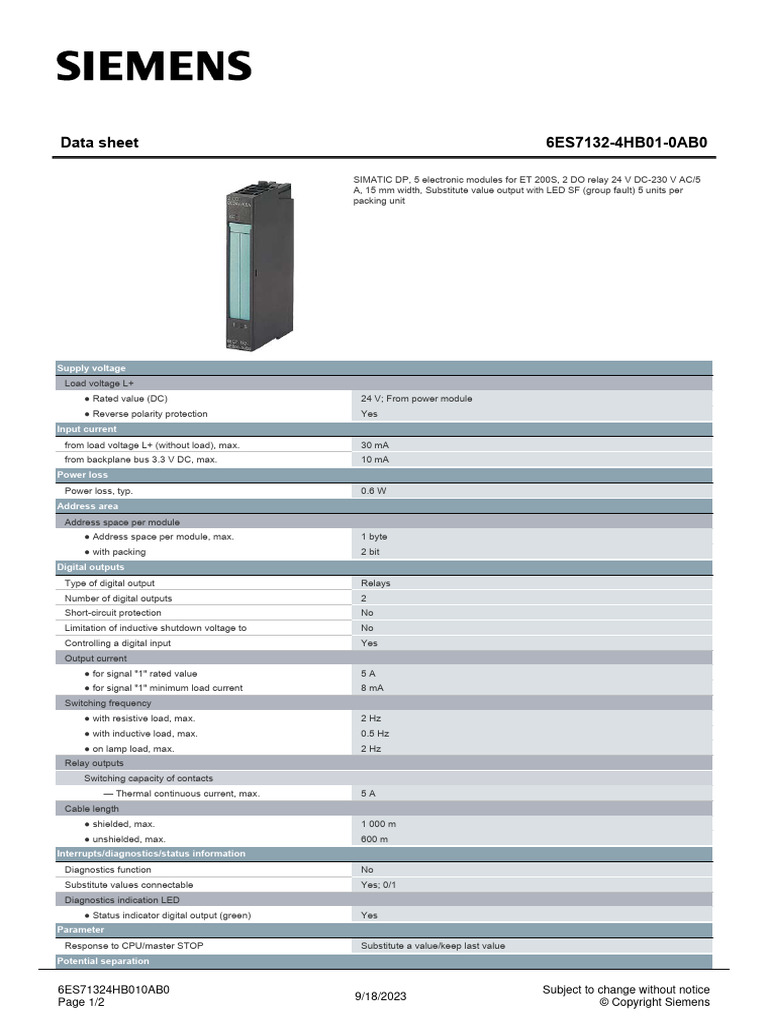 6ES71324HB010AB0 Datasheet en | PDF | Relay | Power Supply