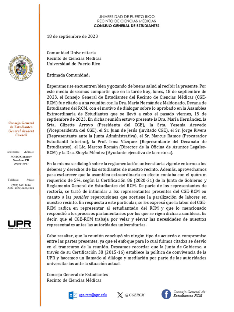 Carta Del Consejo General de Estudiantes Del RCM | PDF | Gobierno