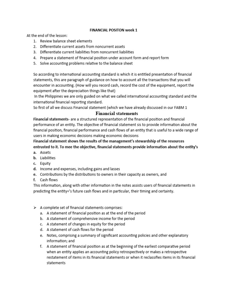 FINANCIAL POSITON Week 1 or To Week 2 Student | PDF | Balance Sheet ...