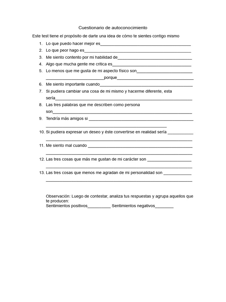 Cuestionario de Autoconocimiento | PDF