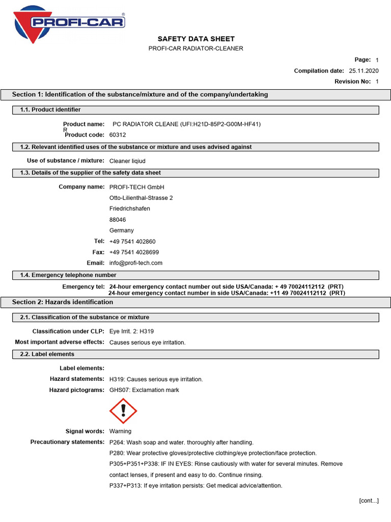 Profi-Car Radiator Cleaner SDS | PDF | Safety | Occupational Safety And ...