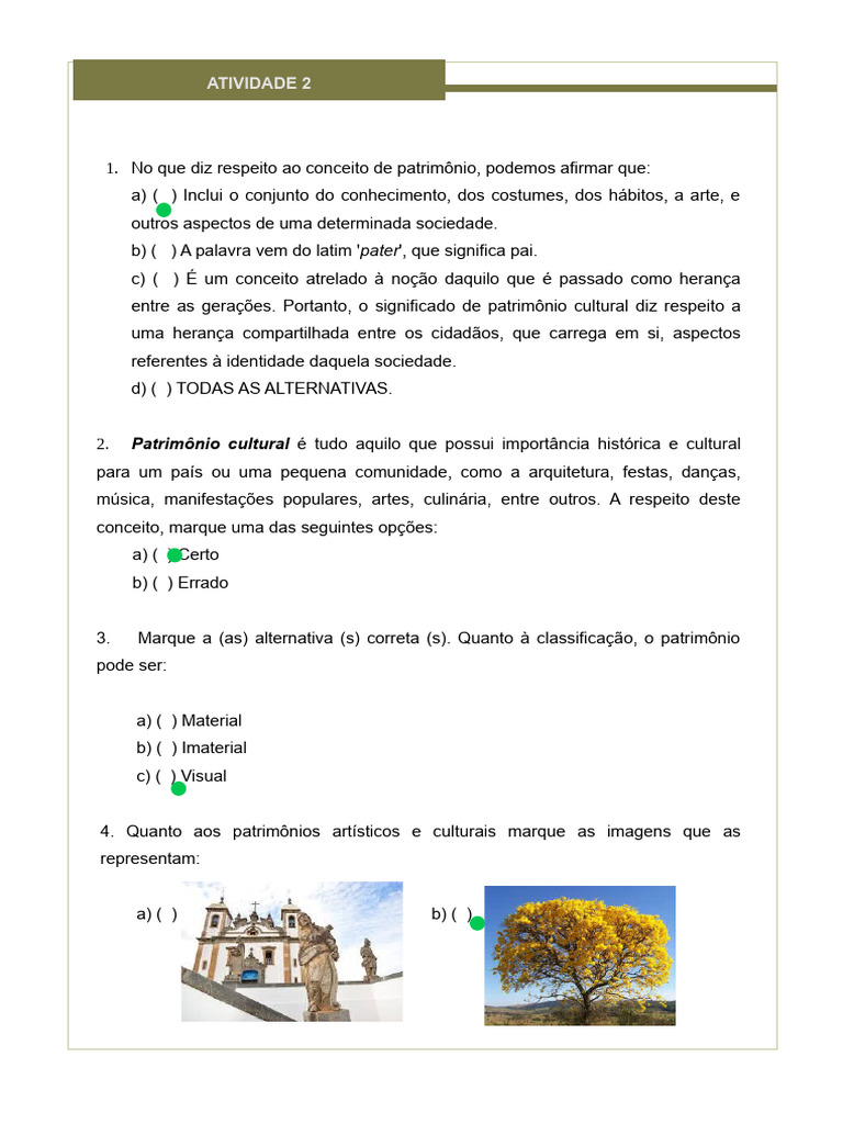 Atividades sobre Patrimônio Cultural 3º Ano | PDF