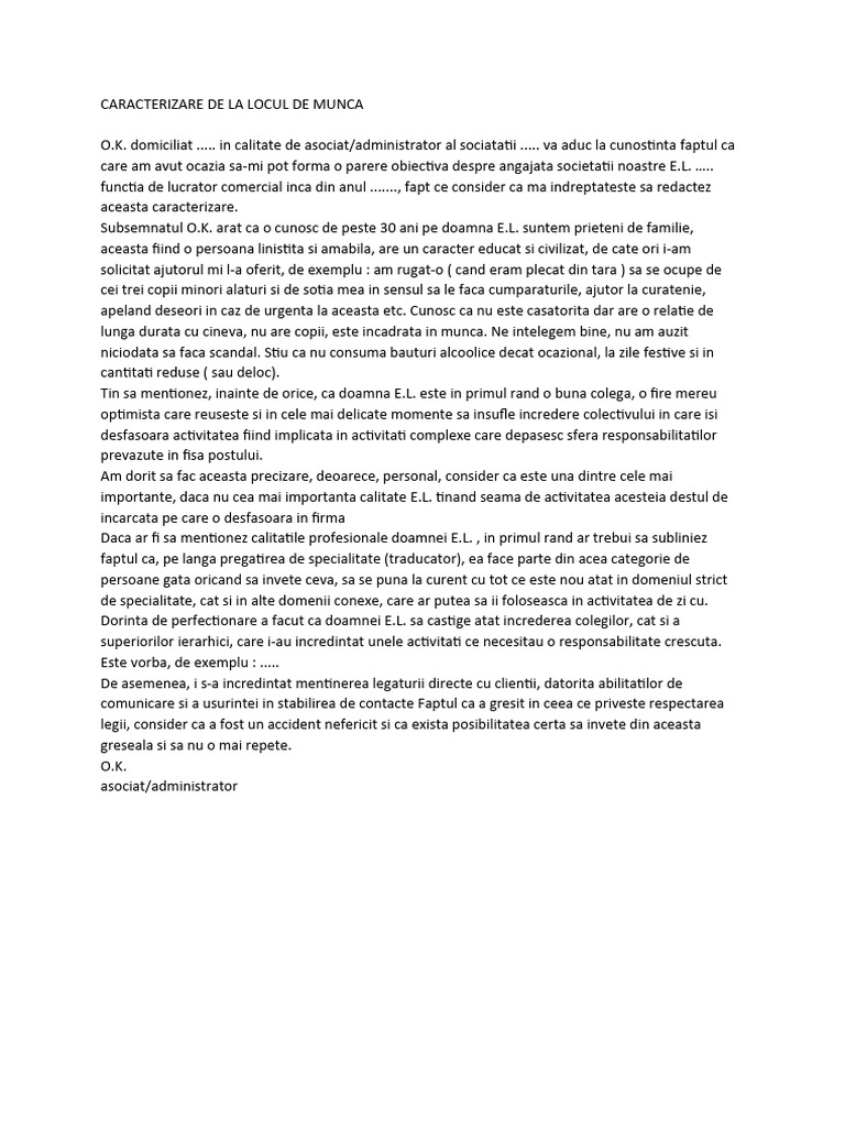 Caracterizare de La Locul de Munca | PDF