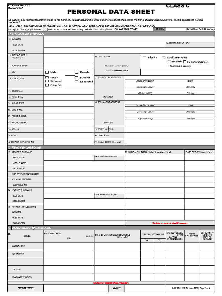 CS Form No. 212 Revised Personal Data Sheet | PDF | Government | Justice