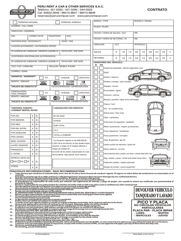 Contrato - Peru Rent A Car | PDF | Seguro | Derecho civil (sistema legal)