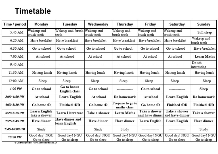 Timetable Monday To Sunday | PDF | Language Arts & Discipline