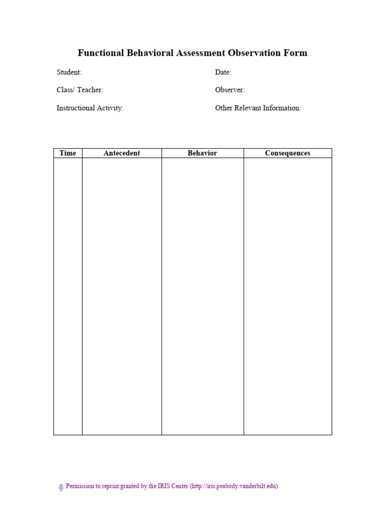(Antcedent) Functional Behavior Assessment Observation Form | PDF