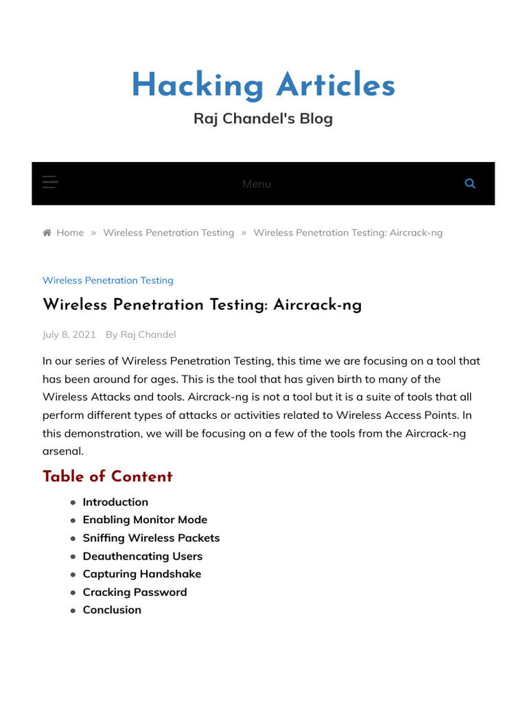 Aircrack-ng Wi-Fi Penetration Guide | PDF | Wi Fi | Wireless Access Point