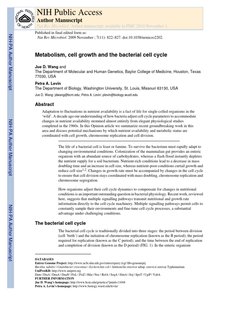 Metabolism, Cell Growth and The Bacterial Cell Cycle Biology Diagrams