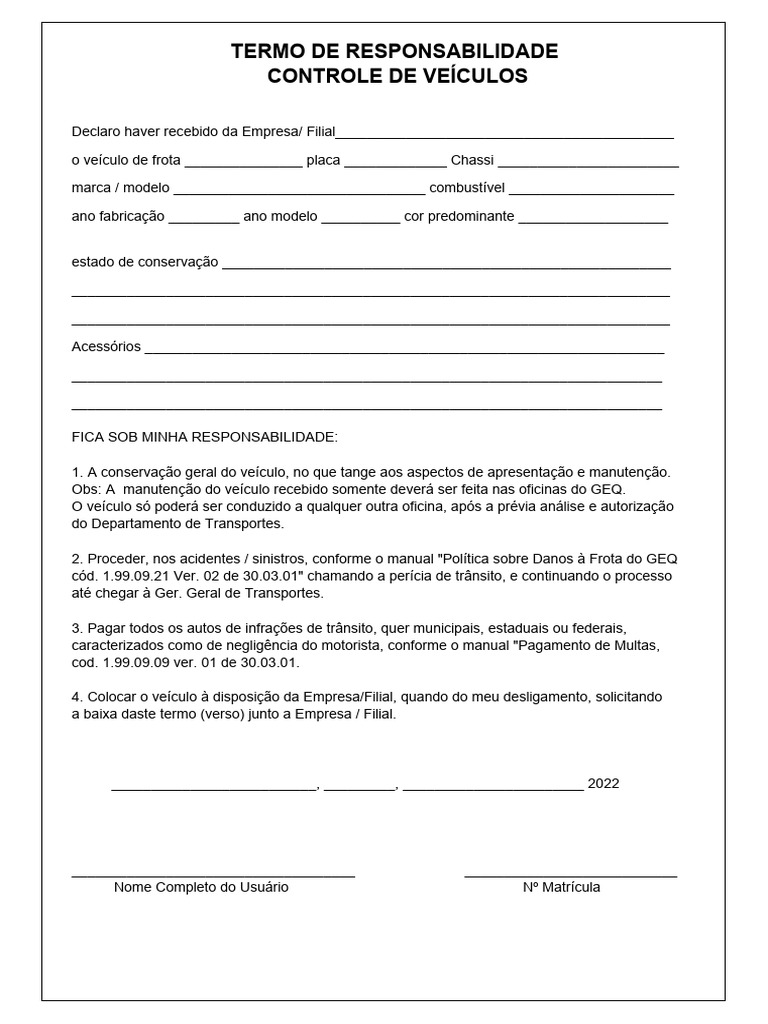 Termo de Responsabilidade de Veículo | PDF | Negócios