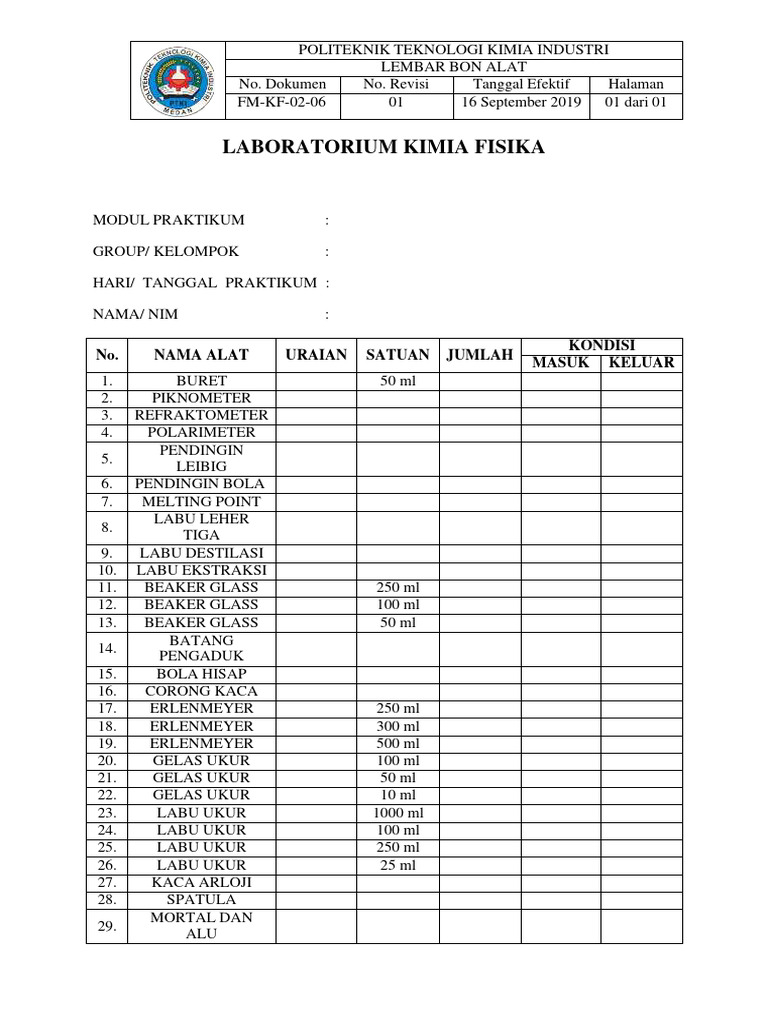 Lembar Bon Alat Laboratorium | PDF | Sains & Matematika | Teknologi ...