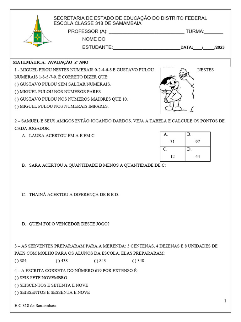 Avaliação Matematica 2 Ano 3 Bimestre | PDF