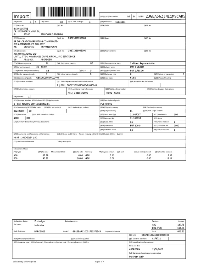 MRN Document for Shipping Declaration | PDF | Taxes | Prices