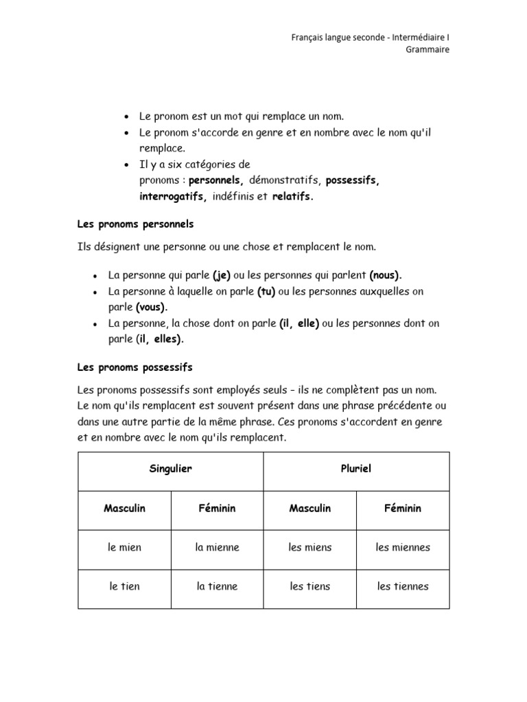 Guide des pronoms en français | PDF | Pronom | Genre grammatical