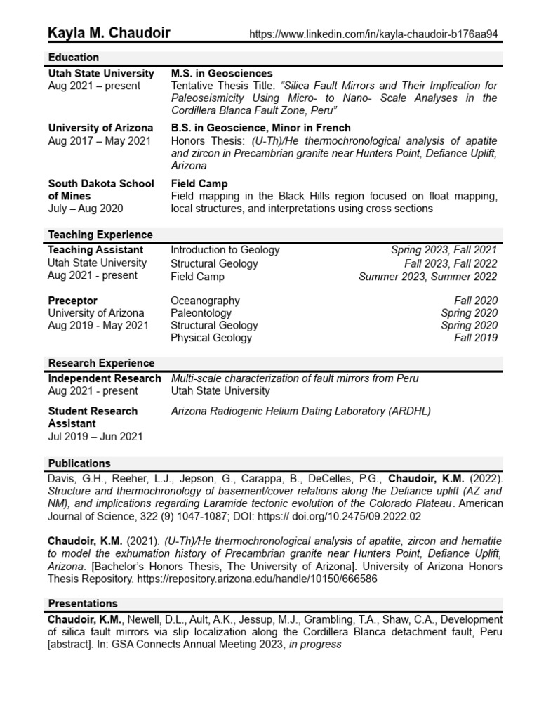 Kc cv fall 2023 website version pdf geology earth sciences