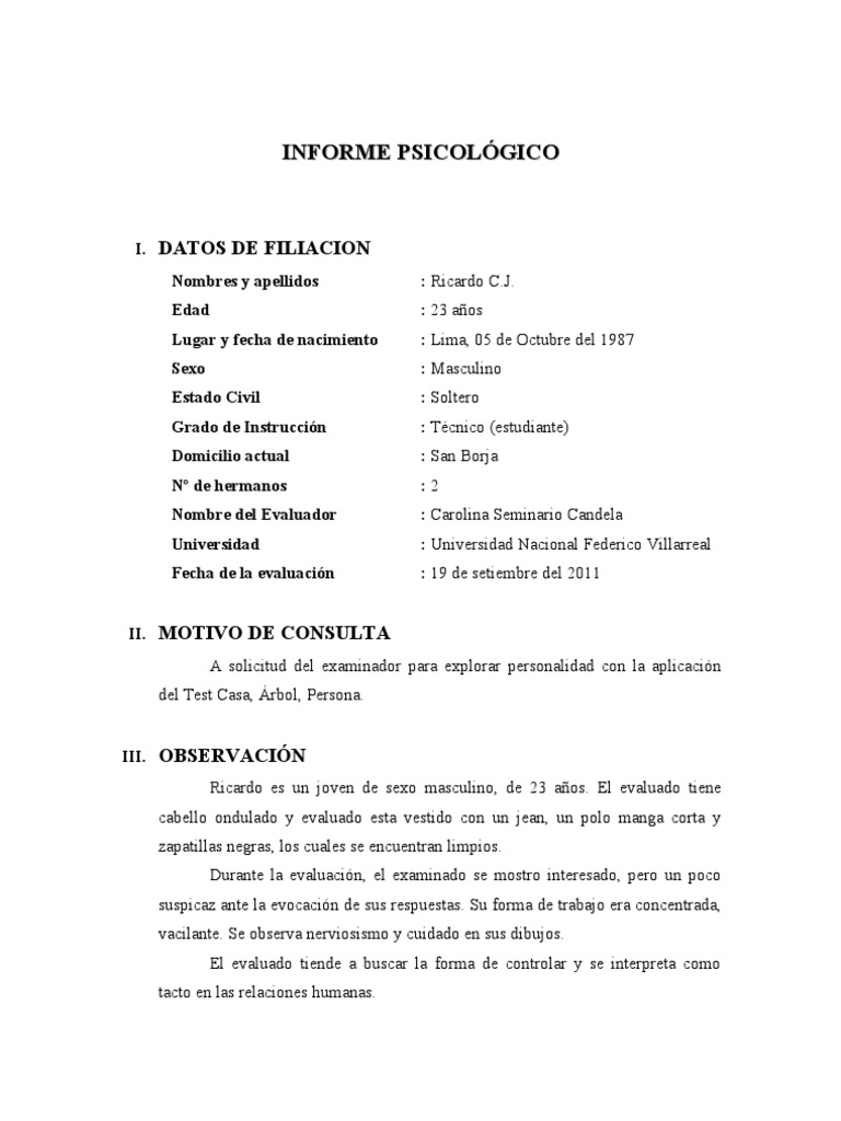 INFORME PSICOLOGICO Rc Casa Arbol Persona