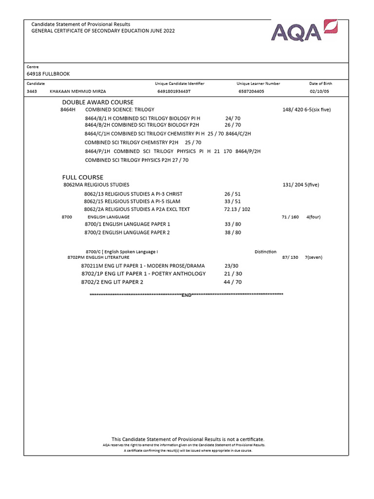 Mirza Khakaan 3443 Revised AQA Statement of Results 26.08.2022 | PDF