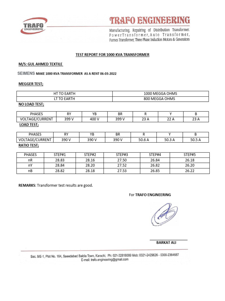 1000KVA Transformer Test Report PDF