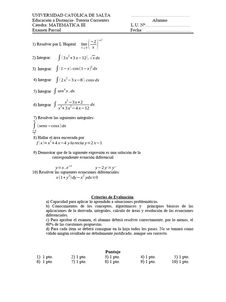 Examen Parcial de Matemática III | PDF | Integral | Ecuaciones