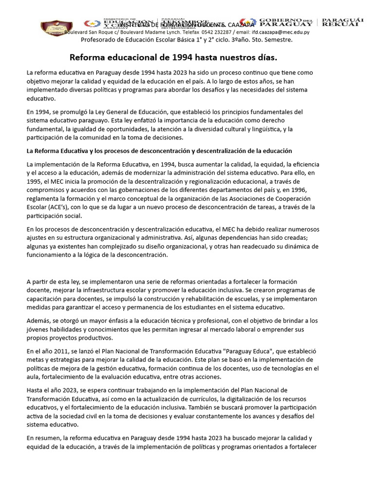 Reforma Educativa en Paraguay 1994-2023 | PDF | Enseñando | Maestros