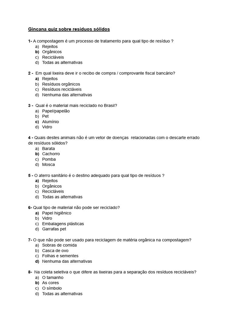 Quiz sobre Resíduos Sólidos e Reciclagem | PDF | Reciclagem | Desperdício