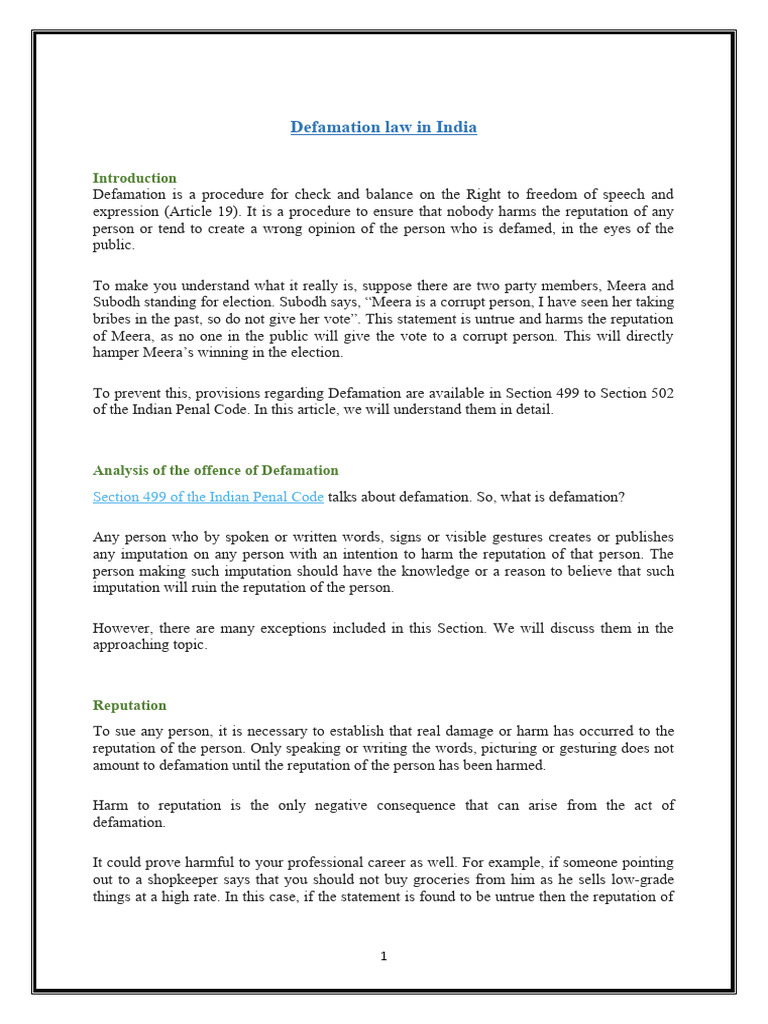 Defamation Law in India PDF Defamation Ethical Principles