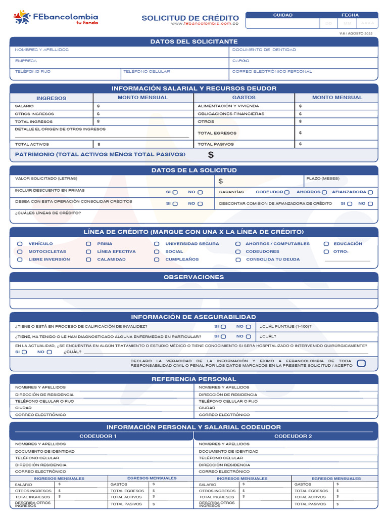 Formato solicitud de credito febancolombia pdf pagos cr dito