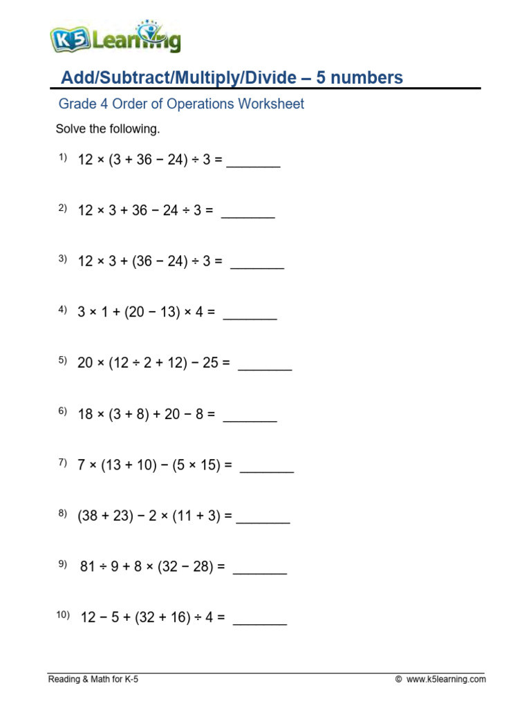 Grade 4 Add Subtract Multiply Divide Parenthesis Five Numbers B | PDF