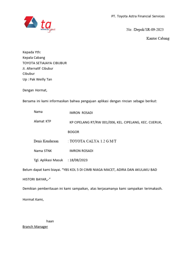 FORM REJECT - Toyota SJM Cibubur A.N Imron Rosadi | PDF
