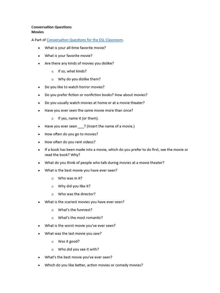 ESL Movie Discussion Questions | PDF | Movie Theater