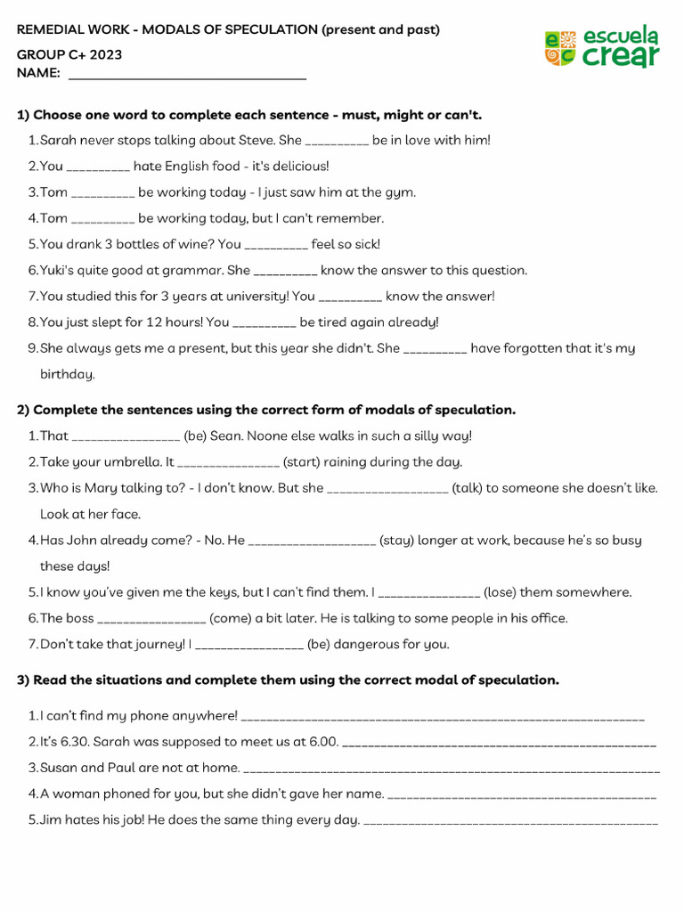 REMEDIAL WORK - GROUP C+ - Modals of Speculation | PDF