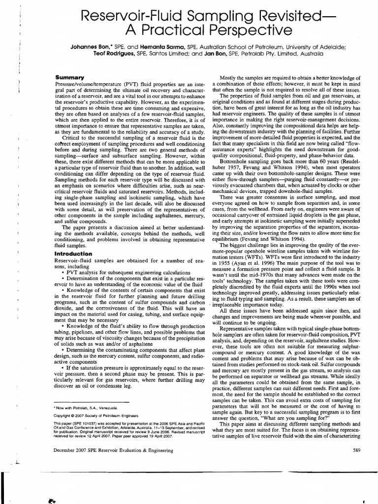 6Reservoir Fluid Sampling Revisated A Practical Perspective PDF Petroleum Reservoir Phase