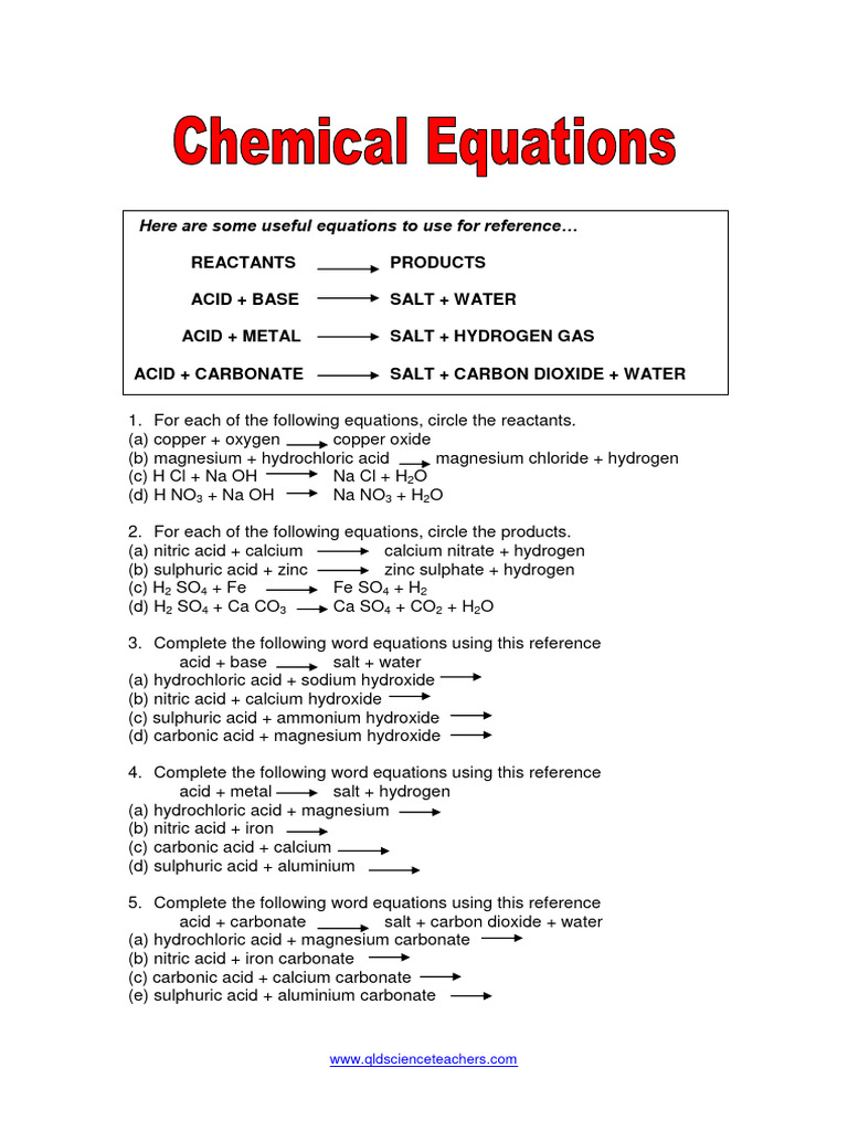 Chemical Equation Exercise | PDF