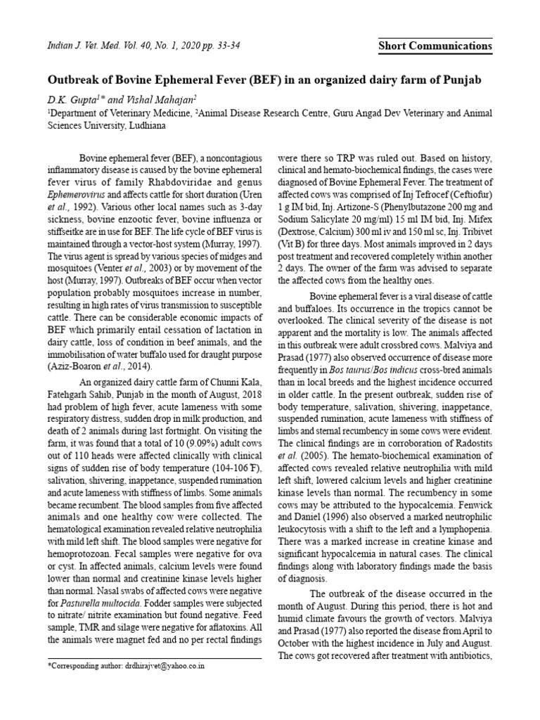 Symptoms of Bovine Ephemeral Fever (TDS) in Cattle PDF Cattle