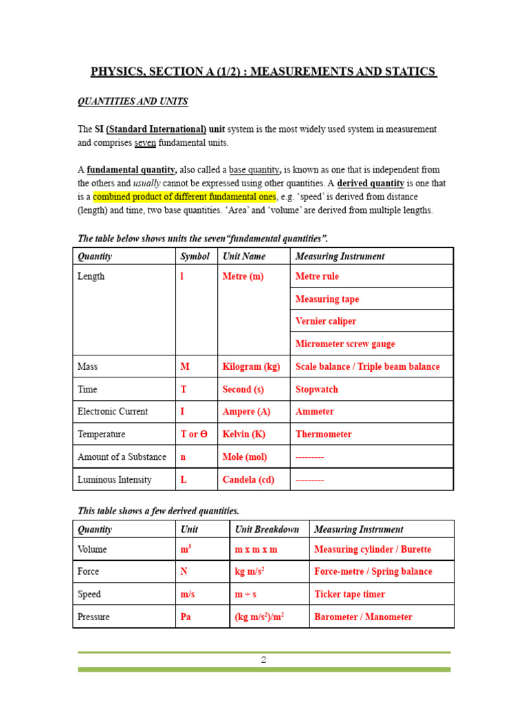 Physics, Section A (1/2) : Measurements and Statics | PDF | Lever | Force