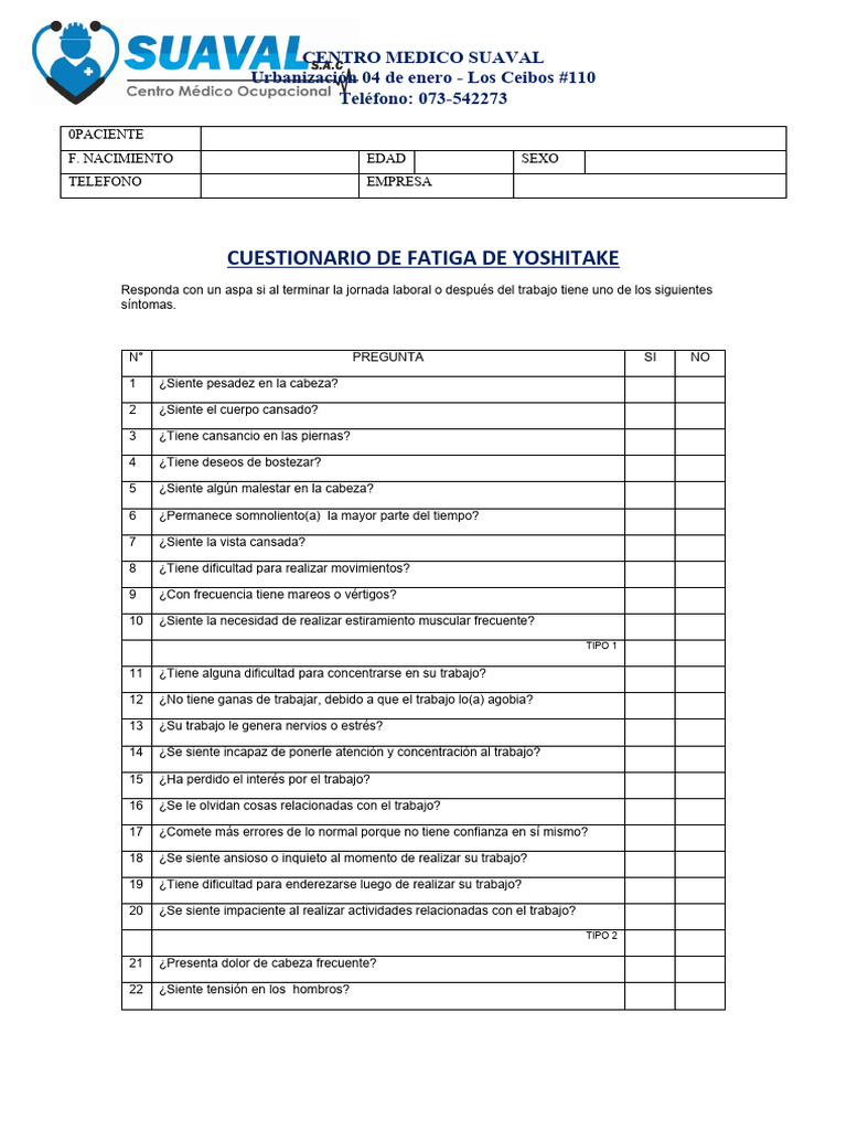 Test de Fatiga de Yoshitake | PDF | Síntomas y signos | Enfermedades y ...
