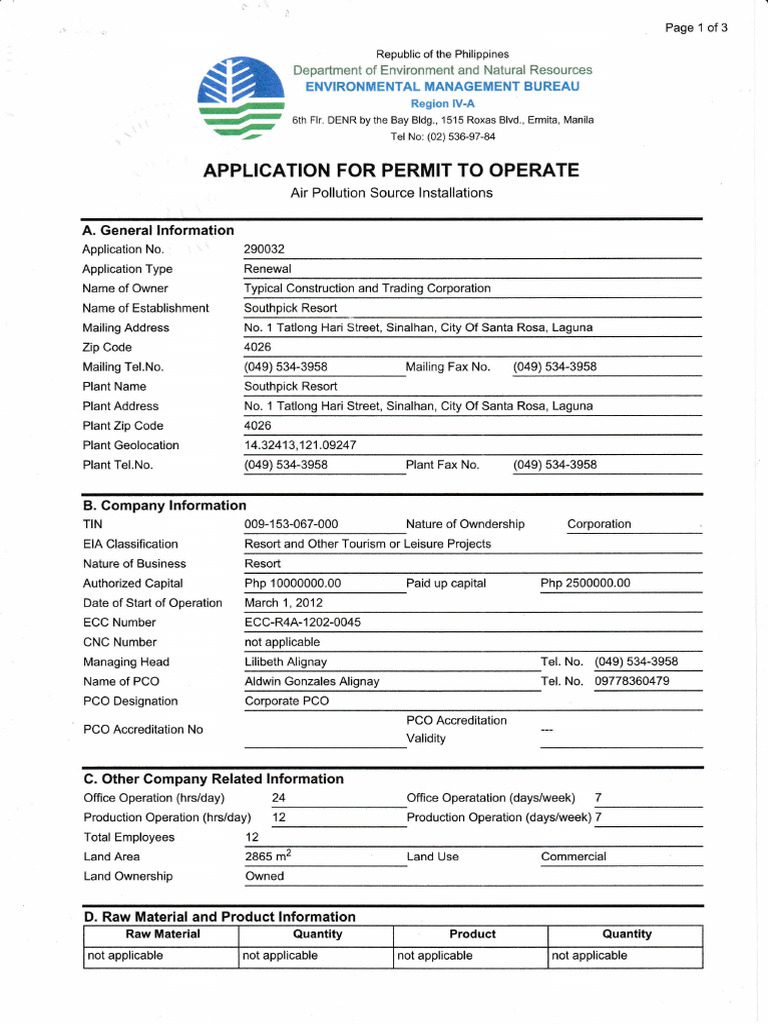 Air Pollution Permit Application for Southpick Resort | PDF