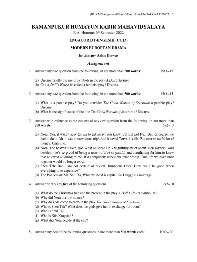 Bamanpukur Humayun Kabir Mahavidyalaya Assignment PDF A Doll's House