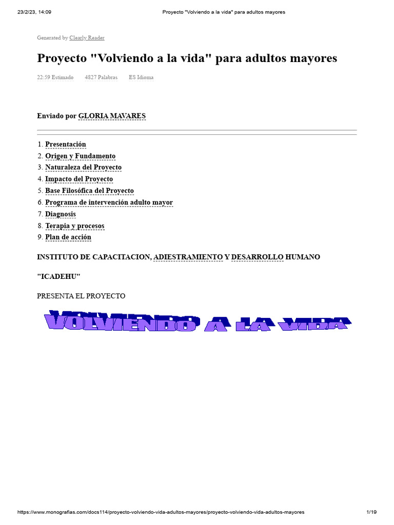 Proyecto - Volviendo A La Vida - para Adultos Mayores | PDF | Vejez ...