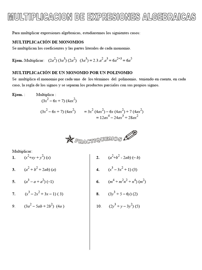Multiplicacion de Expresiones Algebraicas para Sexto de Primaria | PDF