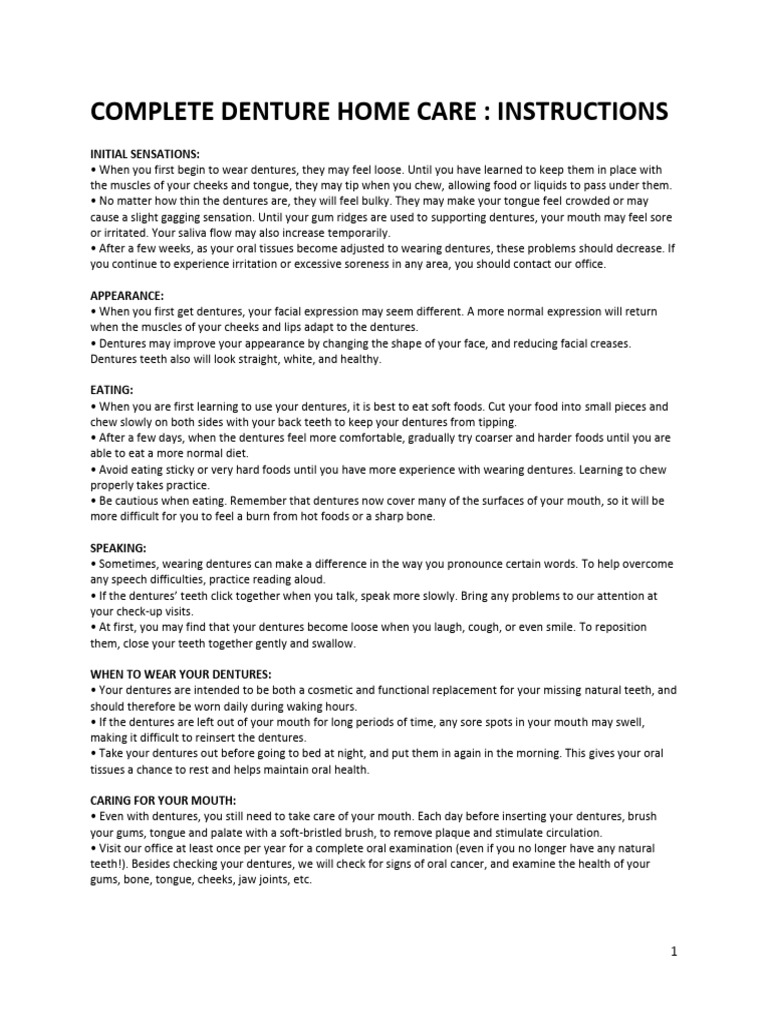Complete Denture Instructions PDF Dentures Toothbrush