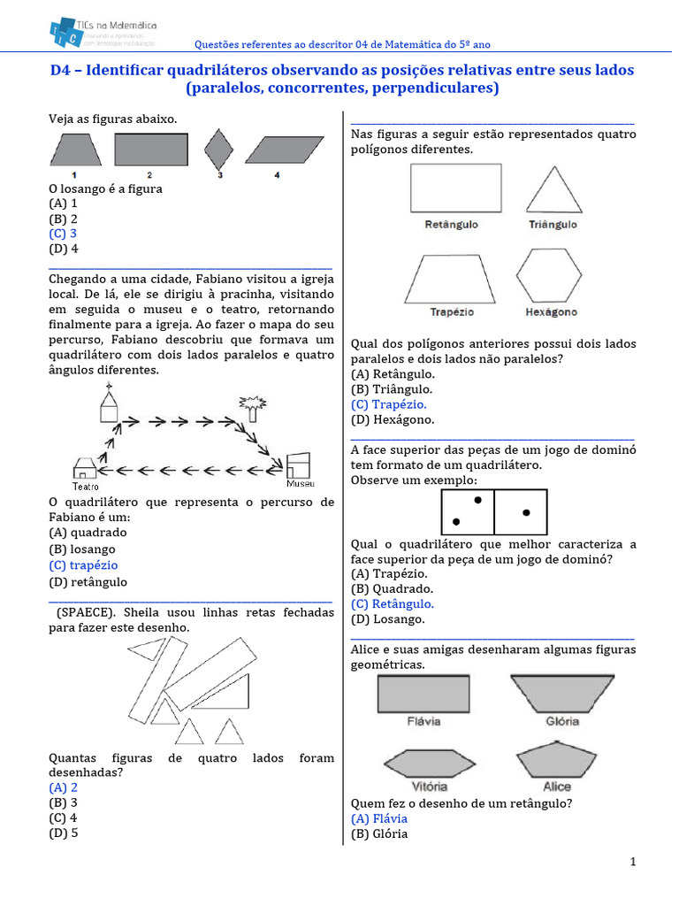 Questões sobre Quadriláteros 5º Ano | PDF | Linha (Geometria ...