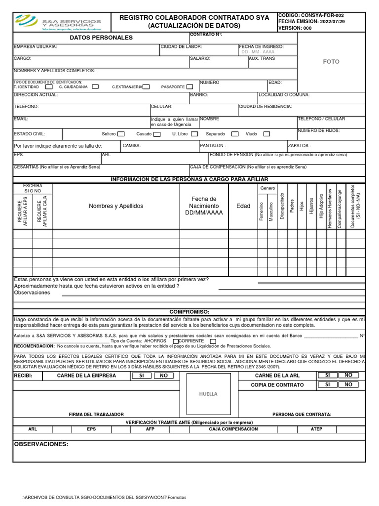 Registro de Colaboradores Formato 002 | PDF