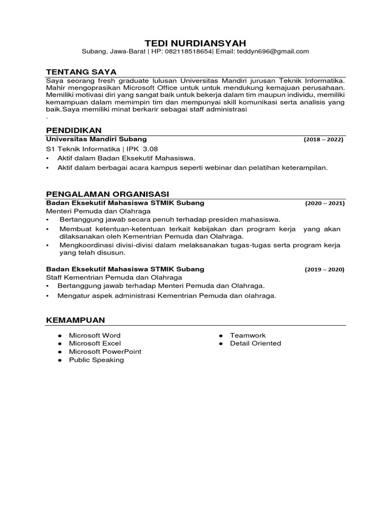 CV Fresh Graduate Teknik Informatika | PDF