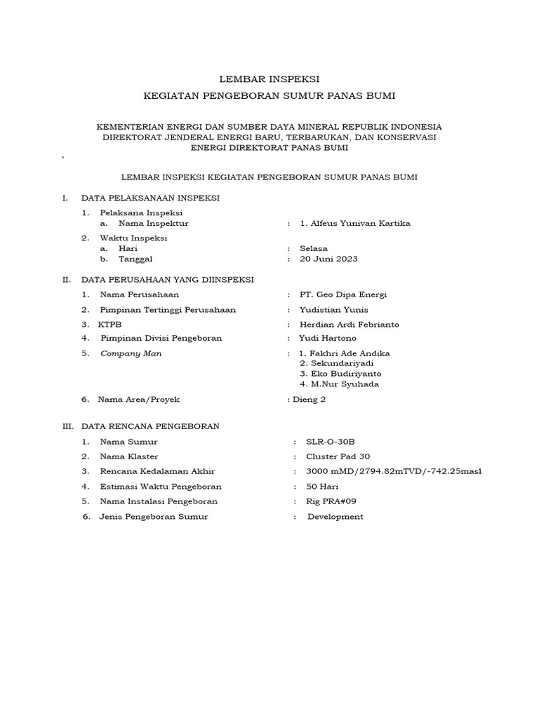 Checklist Berita Acara Inspeksi Sumur SLR-O-30B | PDF