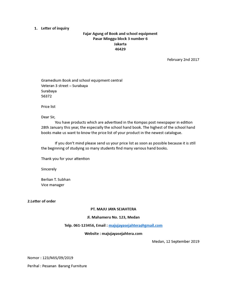 Letter of inquiry fajar agung of book and school equipment pasar minggu