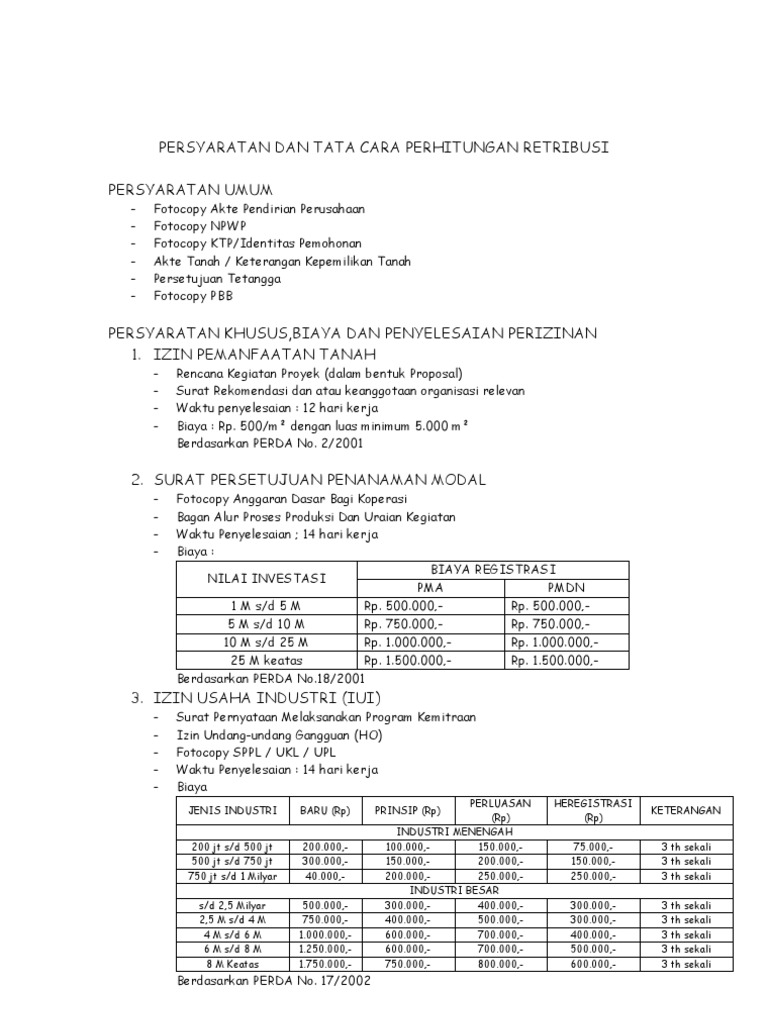 Persyaratan Dan Tata Cara Perhitungan Retribusi